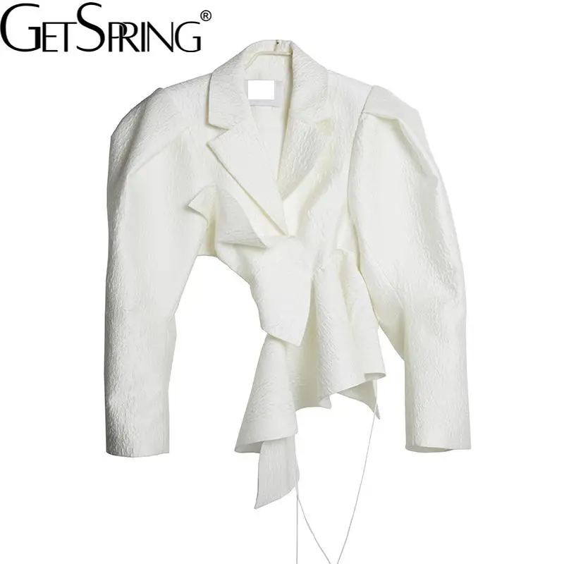 

GETSPRING Women Coat irregular Hollow out Bandage Short White Coats And Jackets Asymmetry Puff Sleeve Ruffle Jackets Tops 2021