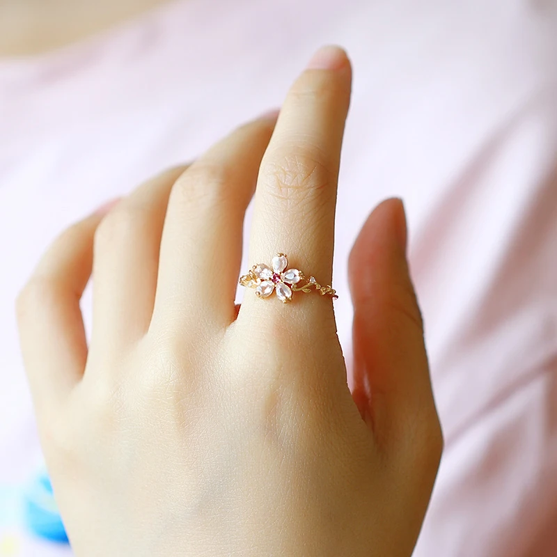 

Cute Flower sv925 Natural Stone Cherry Blossom Ring Spring Floral Sakura Pink Crystal Multi-Stone Gold Ring Valentine's Day Gift