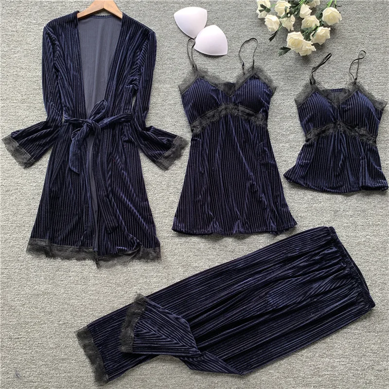 

4 Pieces Women Pajamas Sets Golden Velvet Sleepwear Nightwear Pyjama Spaghetti Strap Sleep Lounge Pijama With Chest Pads