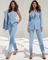 light blue pant suits office female suit womens stylish tuxedos lady slim fit casual 3 pieces blazer vest pants set