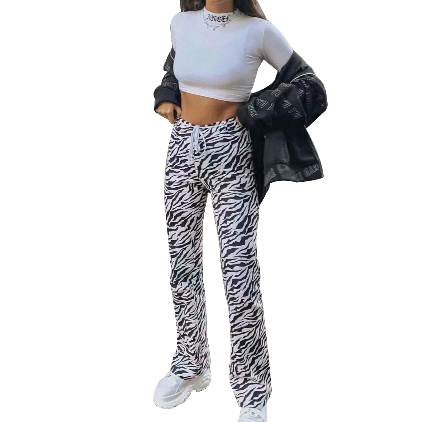 

Women's High Waist Zebra Printed Long Pant, White Black Animal Print Trousers, S/M/L