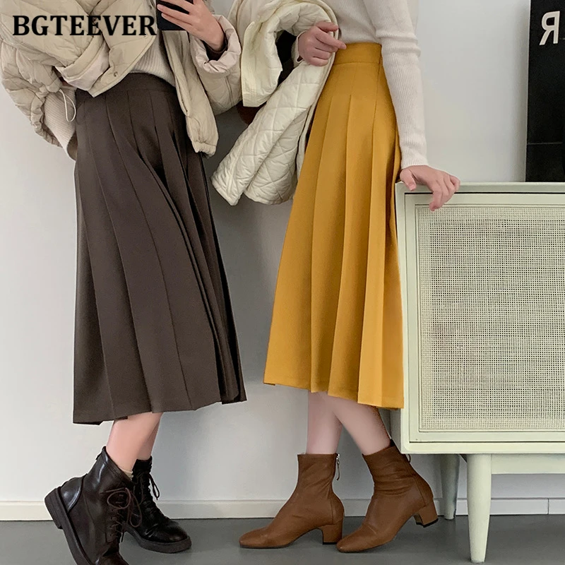 

BGTEEVER Vintage Ladies Pleated Skirts Spring Autumn High Waist Loose Mid-length A-line Women Skirts 2021