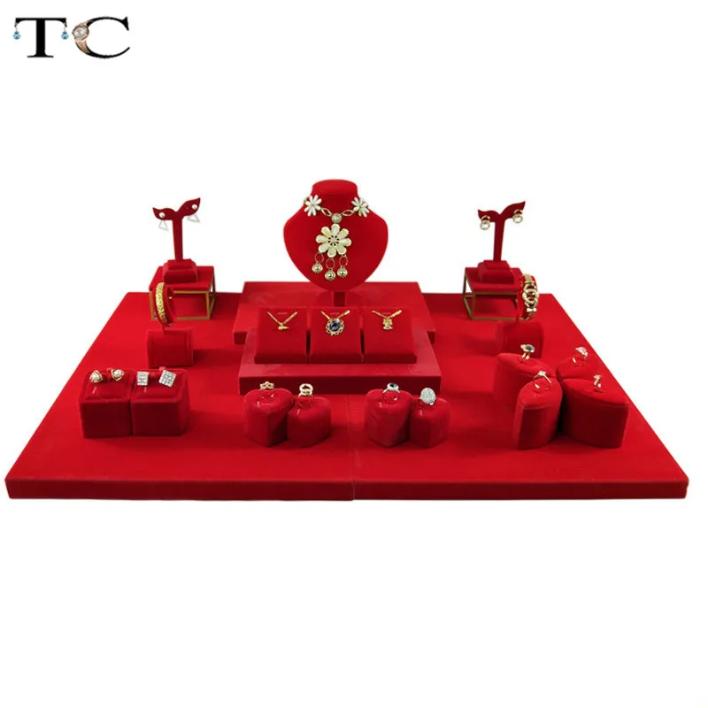 Качественная красная бархатная Подставка для ювелирных изделий деревянная