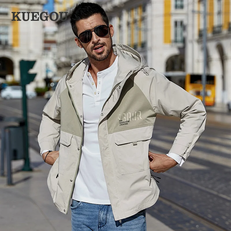 Куртка KUEGOU мужская с капюшоном, на молнии, несколько карманов, модная уличная одежда, свободного покроя, 3XL, 10010, осень