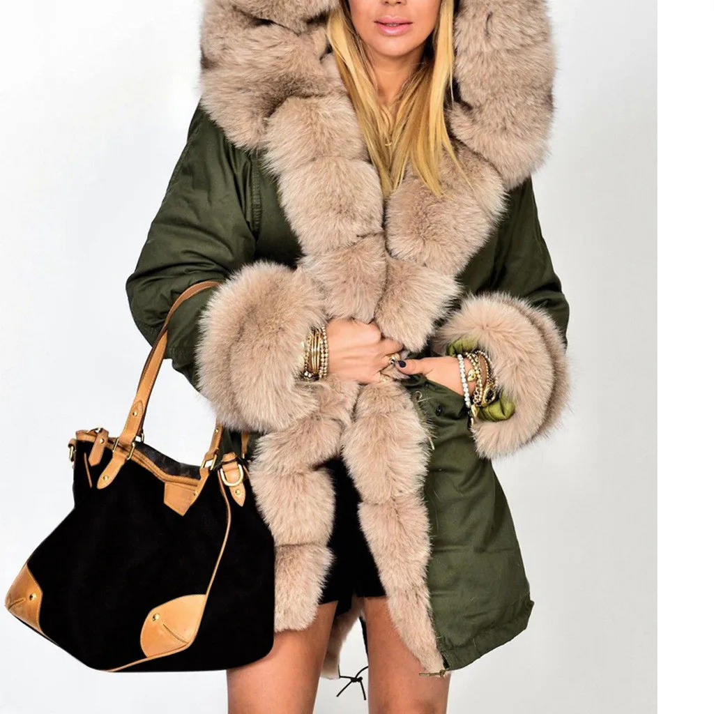 Женская куртка с капюшоном и меховым воротником теплая Длинная ветровка