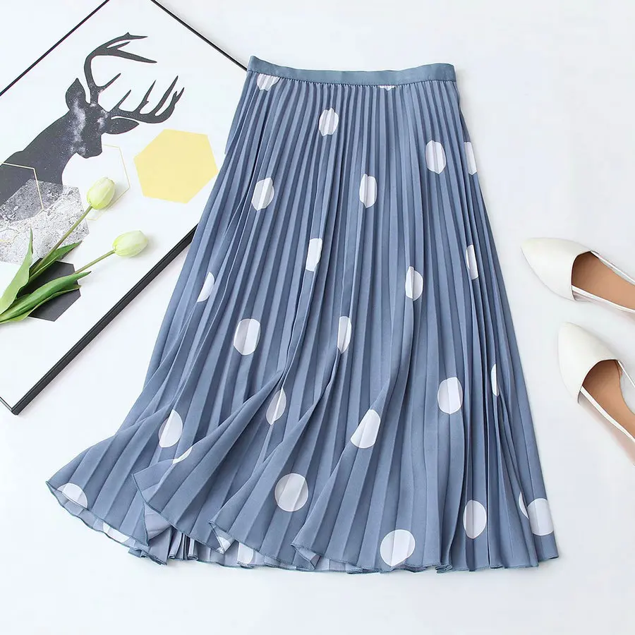 

Summer Spring Women Polka Dot Pleated Skirt Blue White Black Apricot Elastic Waist Middle Length A-Shape Skirt Casual Clothes