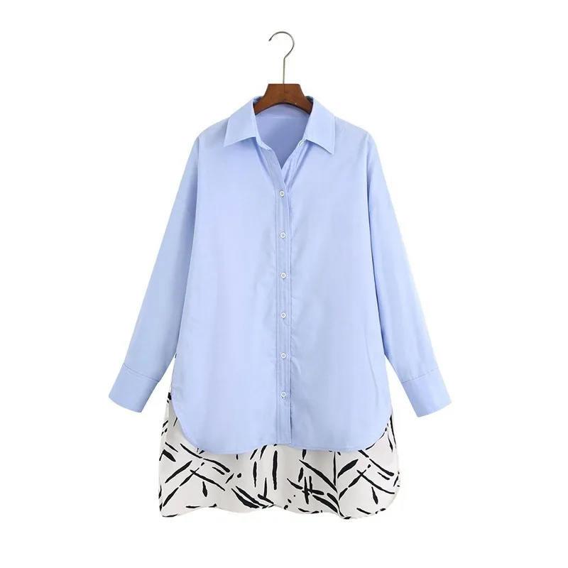 

Back Graffiti Print Patchwork Top Office Lady Breasted Long Sleeve Shirts for Women Business Blue Casual Blouse Elegant