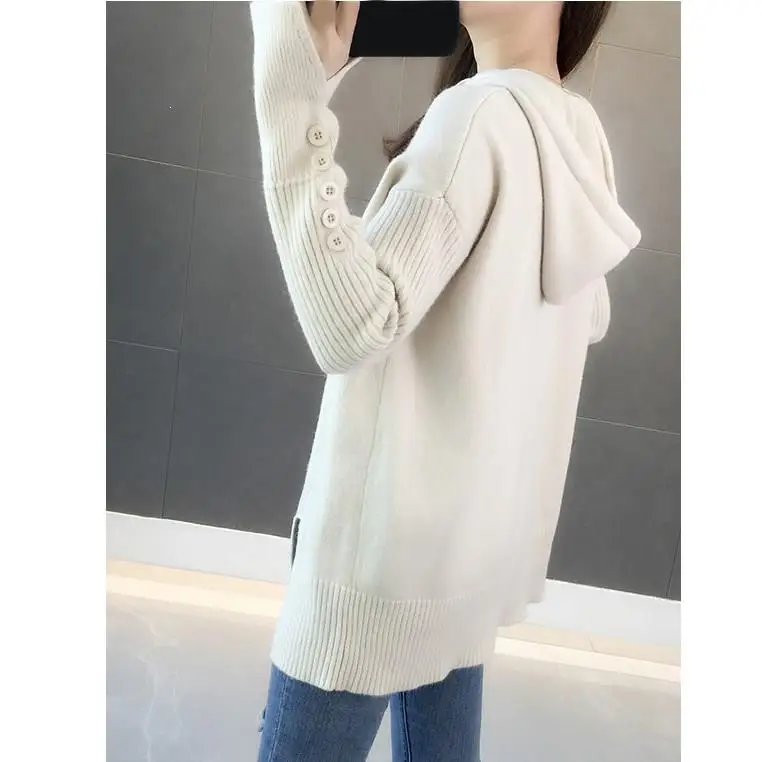 Autumn Loose Women Hooded Sweater Button Solid Knitted Office Lady Casual Jumper Pullovers | Женская одежда
