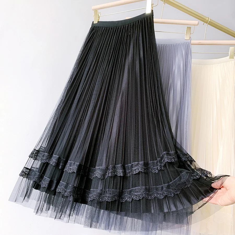 

Ladies Style Skirt Female 2021 Spring Summer New Pleated Skirt Gentle Temperament Lace Stitching Big Skirt