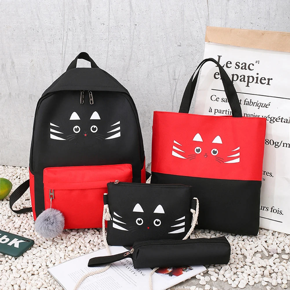 

4pcs/Set Cute Cartoon Cat Women Backpacks Preppy Style Canvas Students Rucksack Teenager Girls Mochila Shoulder Bags