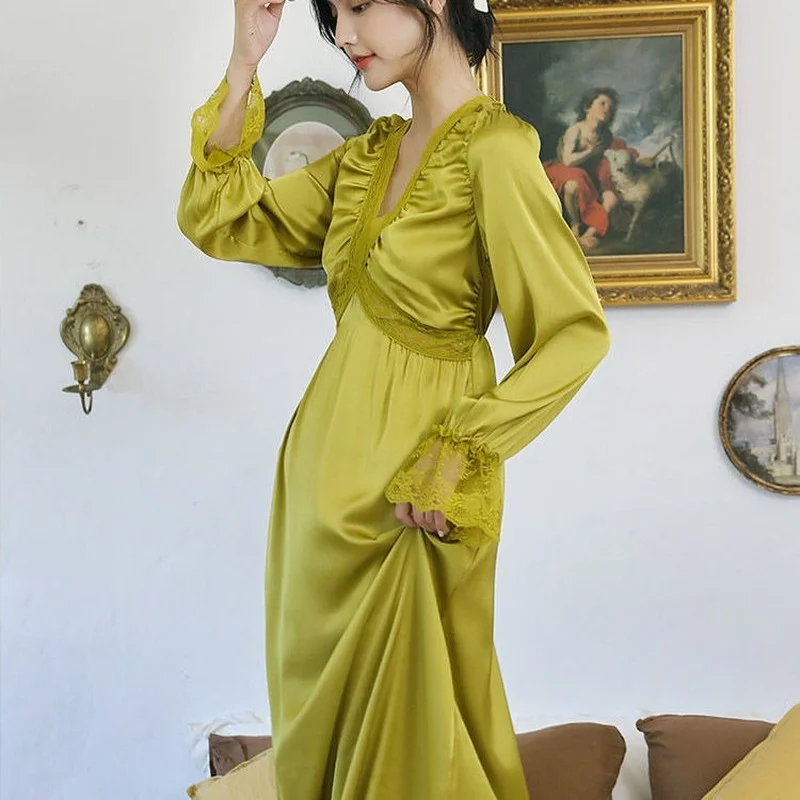 QWEEK Sexy Nightgowns Sleepwear Women V-neck Flared Sleeves Solid Color Nightdress Nightshirts Home Clothes Vestidos De Noche