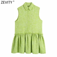 zevity women fashion turn down collar sleeveless texture solid mini vest dress female hem ruffles patchwork chic vestidos ds8786