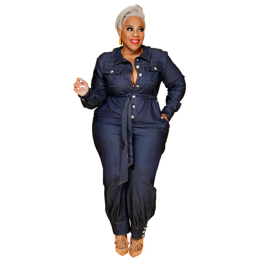 Womens Autumn New Style Long-Sleeved Plus Size Jumpsuit Denim Suit V-Neck Lace-Up Pants Pocket Tight Sexy Nightclub Jumpsuit5XL