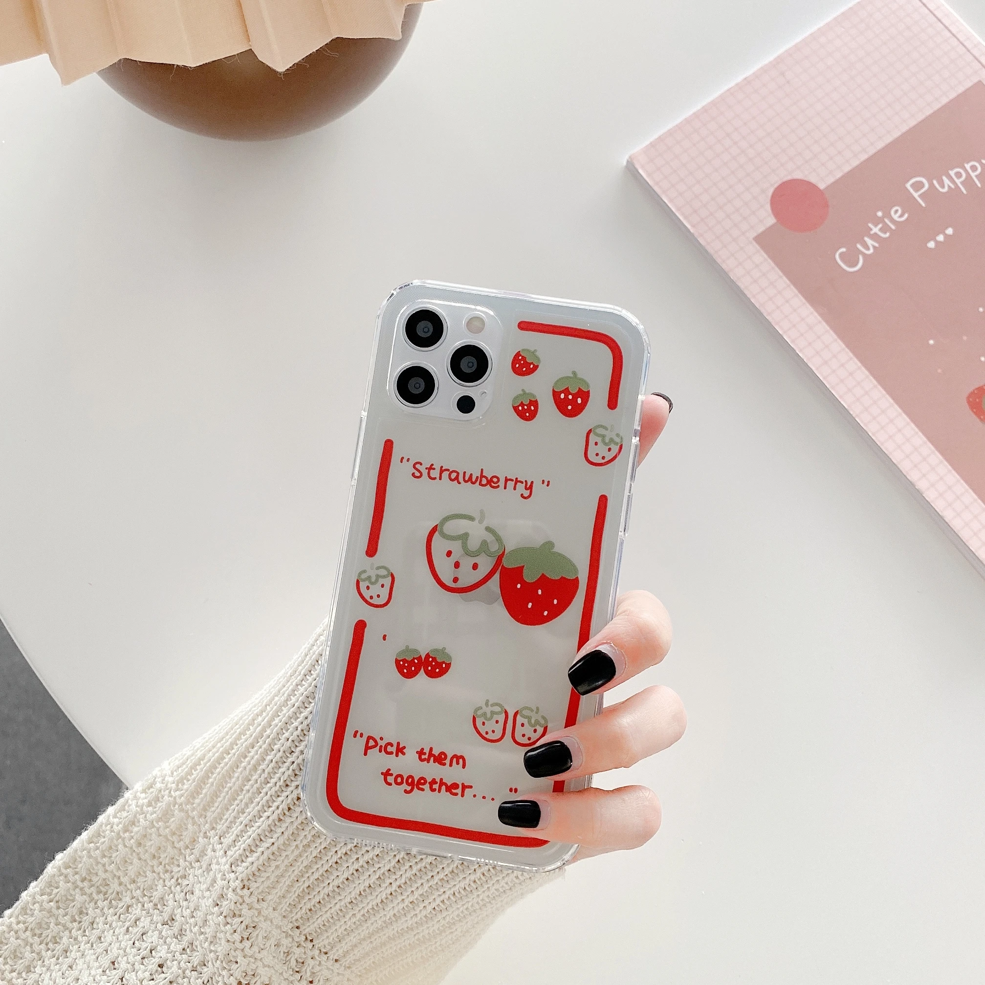 

sumkeymi Phone Holder Case For iphone 11 Case For iphone 12 7 8 Plus mini Pro Max X XS XR Soft TPU Cute Strawberry Flower Cover