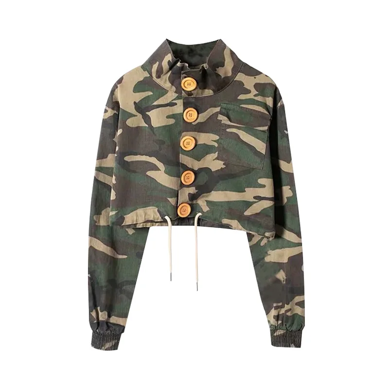 

Europe Turtleneck Camouflage Loose Slim Top Drawstring High Waist Short Coat Autumn Womens Jacket Full Sleeve X555