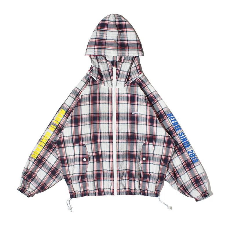 

Autumn Tide Brand Printed Jacket Men Casual Letters Men's Hooded Jacket Bat Sleeve Plaid Men's Jacket