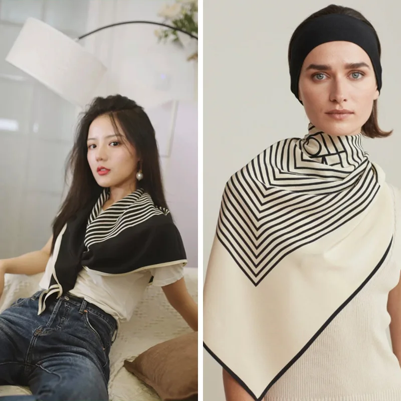 

2021 Summer90x90cm silk square New Nordic INS perforated multifunctional geometric stripe printed imitation silk scarf woman