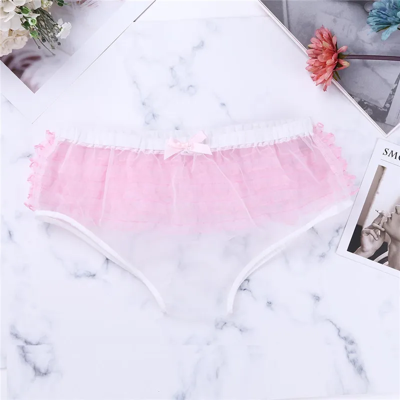 Мужское нижнее белье Sissy, трусы, трусы с оборками и кружевной отделкой, Легкие прозрачные трусы из органзы, трусы для нежных геев, нижнее белье