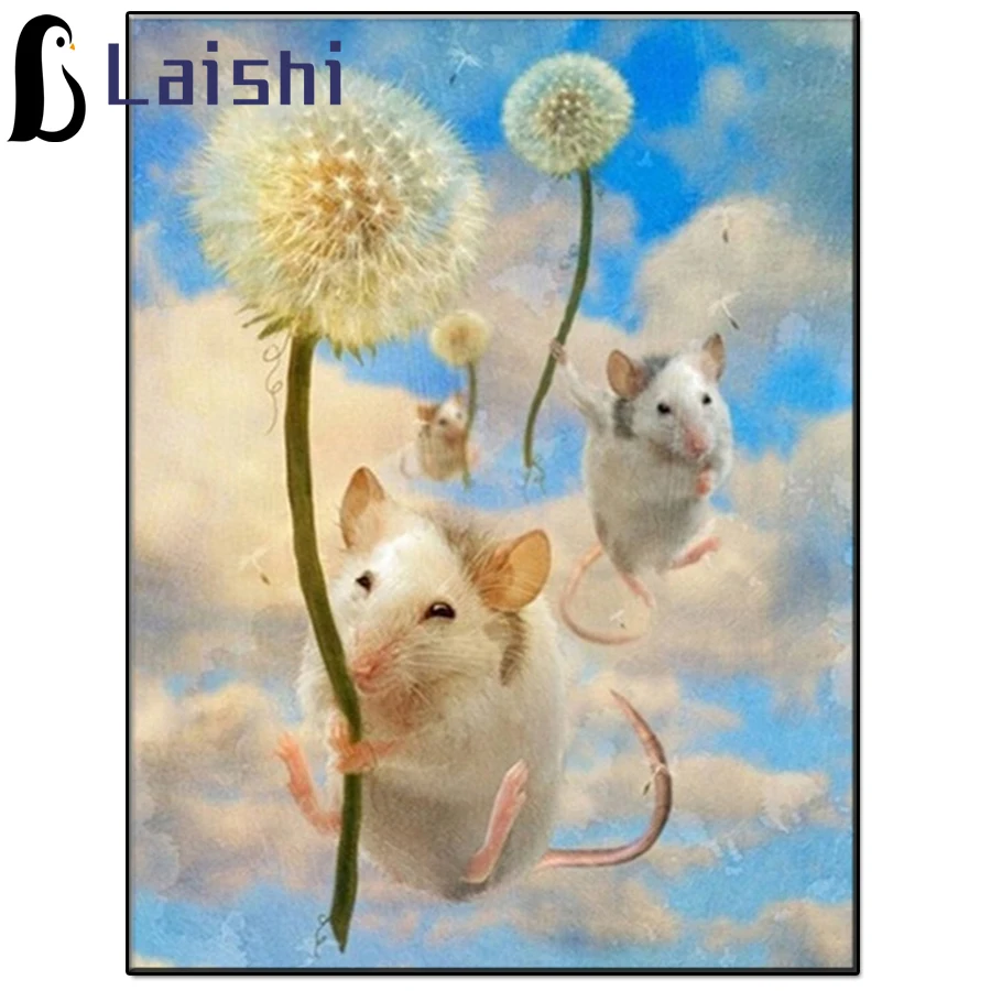 

5D Diy Little mouse holding a dandelion seed round diamond painting kit animal diamond embroidery home decoration new year gift