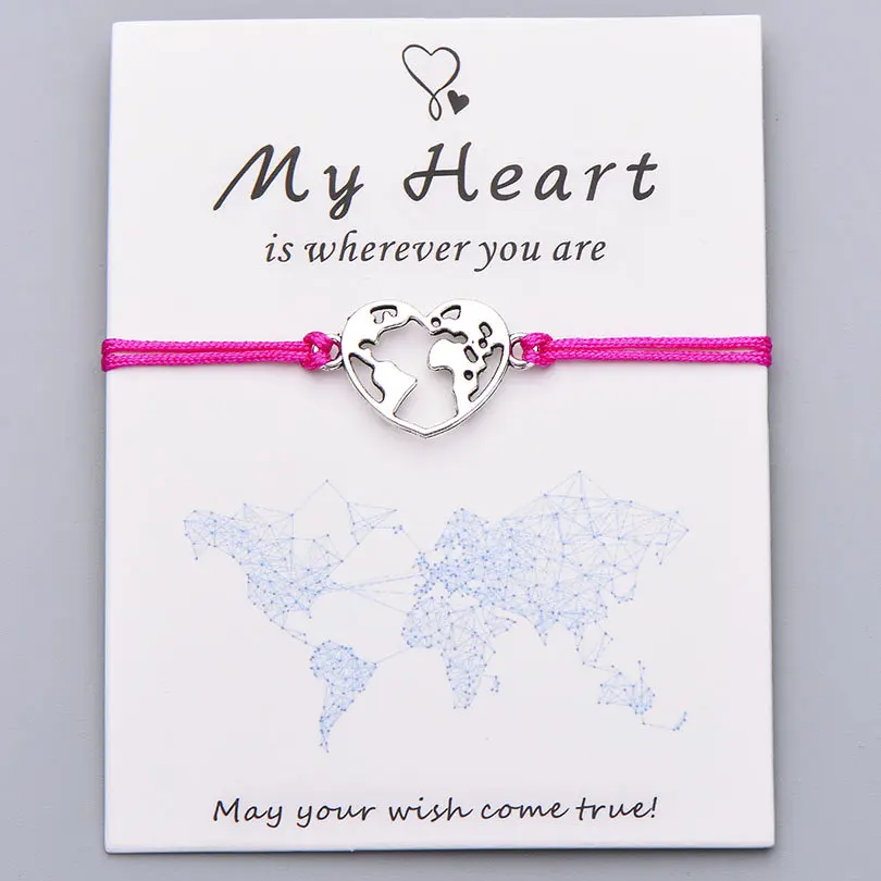hot pink with card Pipitree Lucky My Heart карта мира браслет ручной работы регулируемая красная струна Очаровательные Браслеты Wish ювелирные изделия подарок для женщин мужчин влюбленных - Окраска металла: hot pink with card