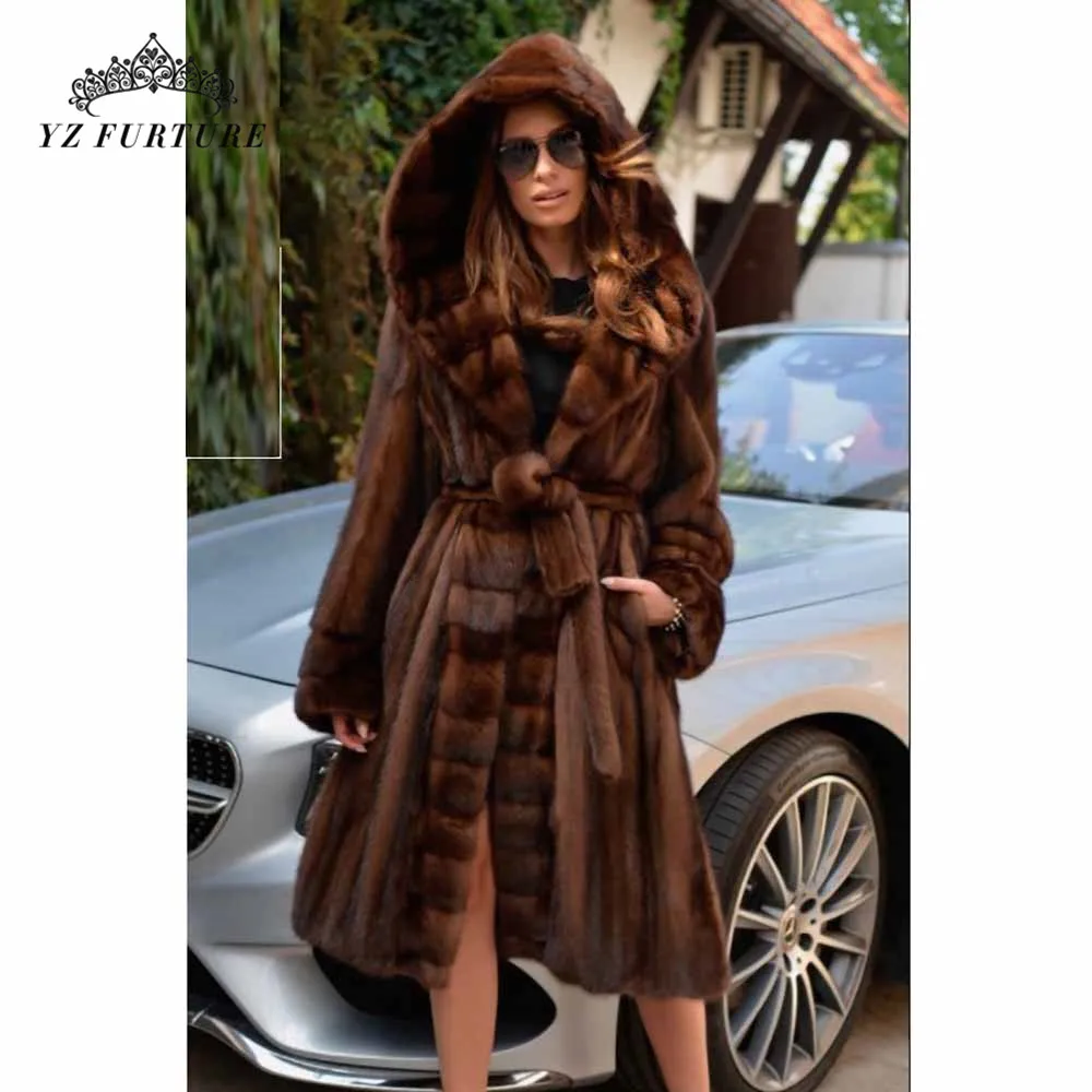 2020 новый натуральный мех норки пальто куртка с большим капюшоном длинное