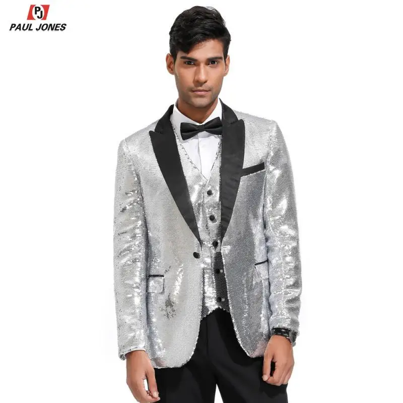 Мужской блейзер с блестящими пайетками от PAUL JONES приталенный пиджак отворотом на