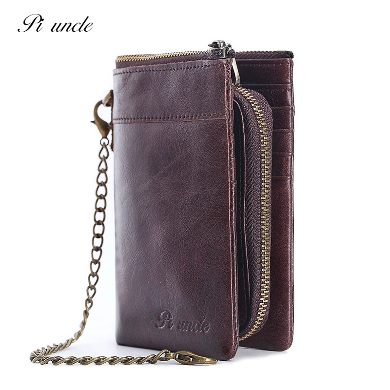 Мужской кошелек Rfid из натуральной кожи маленький винтажный с цепочкой на молнии