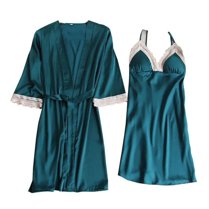 

Kimono Gown Sexy Women Twinset Robe Set Sleepwear Lace Trim Bridal Wedding Bathrobe Suits V-neck Intimate Lingerie Nightwear