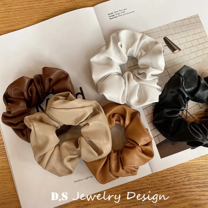 

Korean Pu Leather Scrunchie Elastic Hair Bands Women Cream Color Leather Rubber Band Ponytail Holder Hair Ring Hair Accessories
