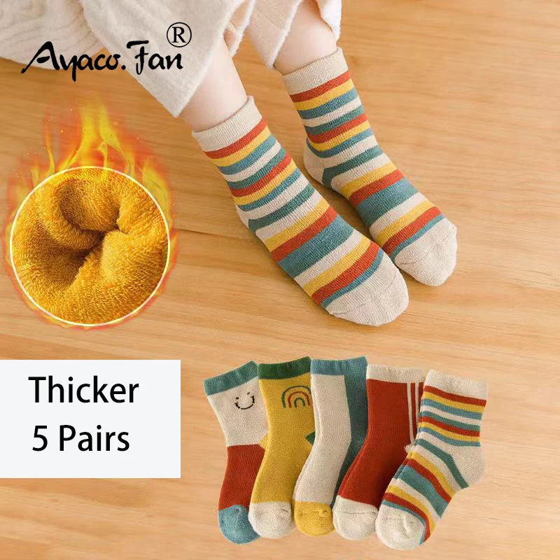 5 Pairs/Lot Children Cotton Socks Boy Girl Baby Autumn Thick Kids Knee-High Rainbow Socks Soft Cartoon Socks for Winter 1-12T