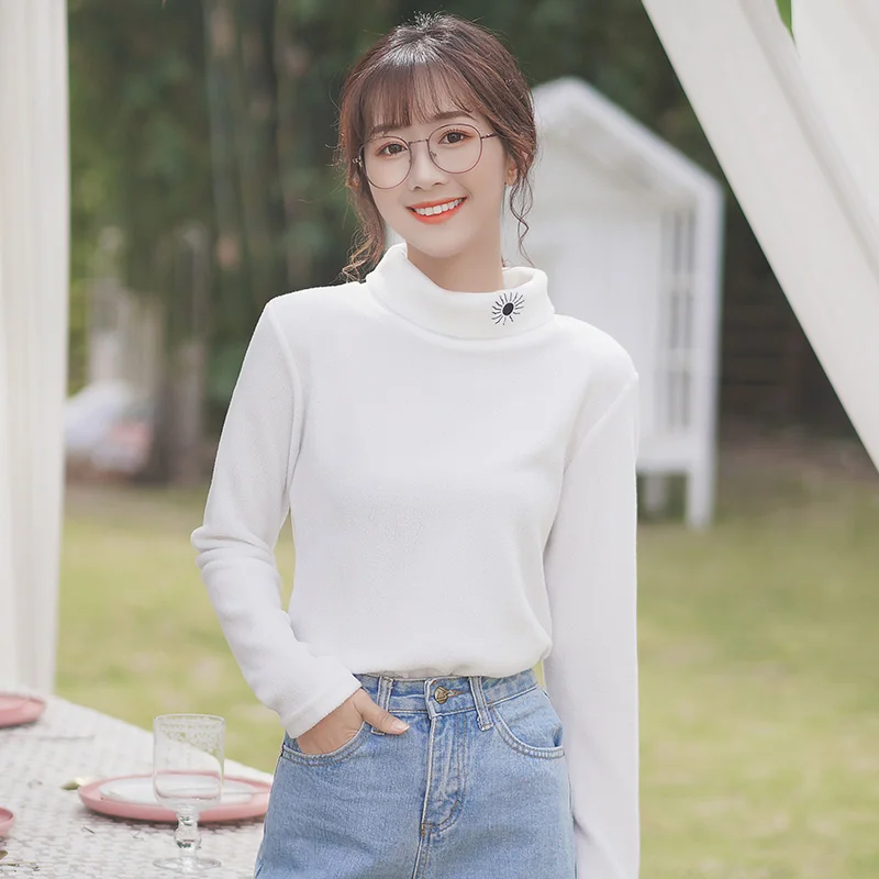 

Chic Khaki Turtleneck and Embroidered Bottoming Shirt for Women Autumn and Winter New 2019 Student Inner Wear Long Sleeve