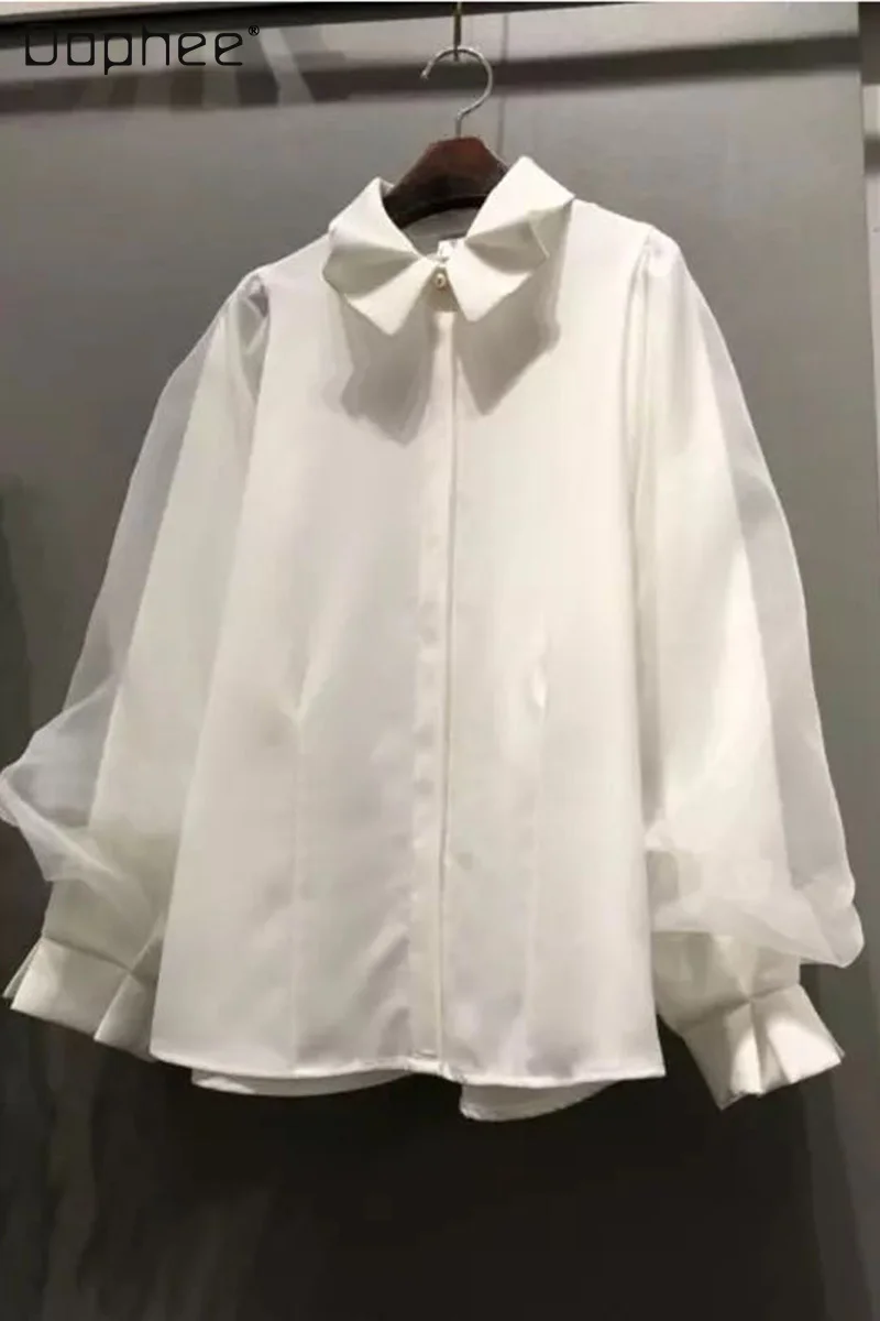 

New 2021 Spring Women's Clothing Peter Pan Collar Mesh Patchwork Puff Sleeve Loose Shirt Women's Top White Blouses
