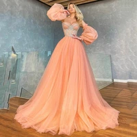 uzn elegant a line beading tulle prom dress sweetheart lace up evening dresses detachable puffy sleeves party gowns