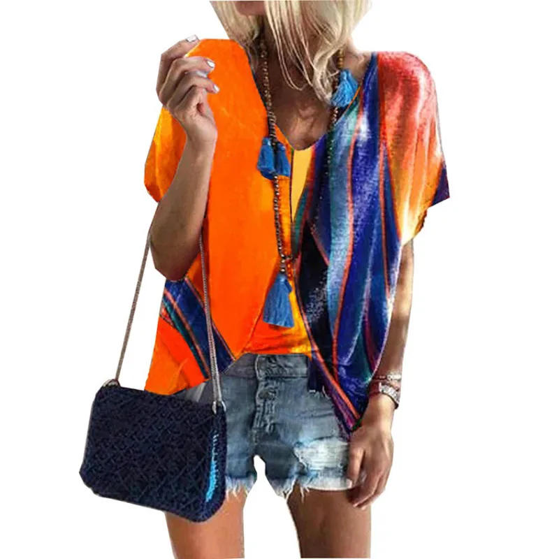 

Printed Short-Sleeved T-Shirt Loose Hedging V-Neck Top Casual Streetwear t Shirts Outdoor Ladies Clothing New Summer Women's