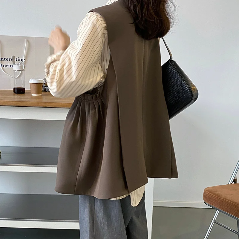 

Soild Plicated Detail Open Stitch Blazer Vest Coffe / Black