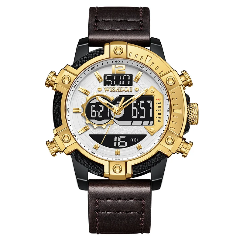 

WISHDOIT casual fashion men's watch top brand luxury leather sports watch color men's quartz LED digital military