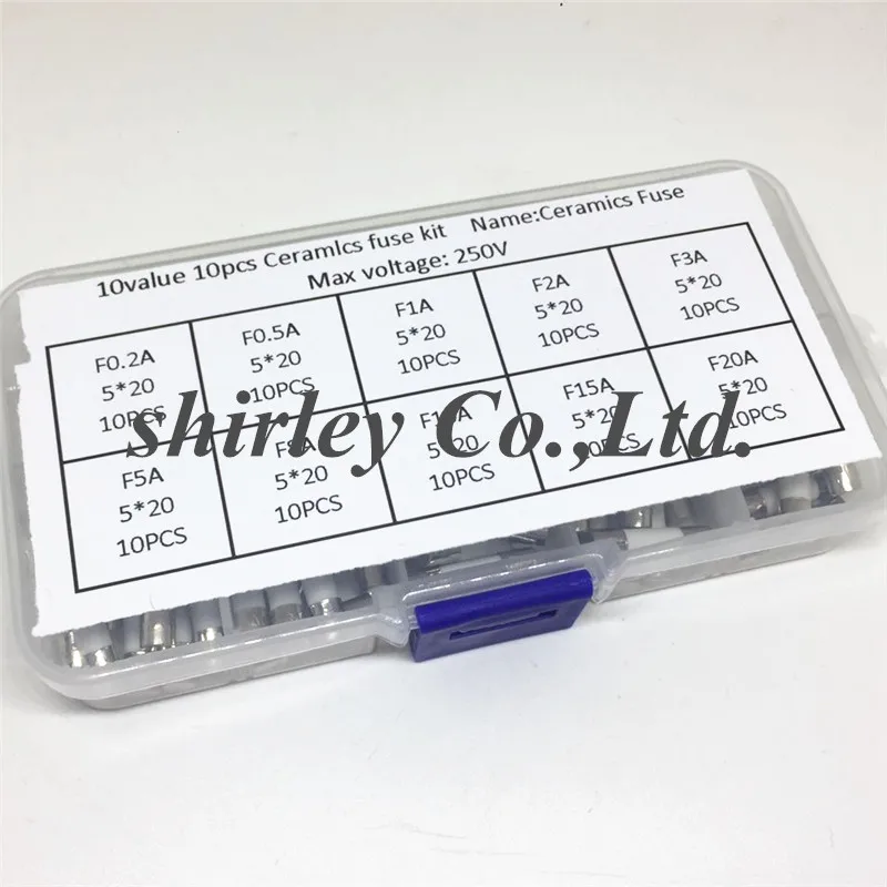 100PCS 50/100 шт керамические Предохранители комплект в коробке медленный удар 5x20 мм F0.2A 0.5A 1A 2A 3A 5A 8A 10A 15A 20A/250V 5*20 защитный страхование трубки - Цвет: 100PCS