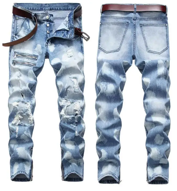 Men Jeans Hole Men's Slim-Fit Stretch Ripped With Cuffs Male Denim Trousers Plus Size 42 | Мужская одежда