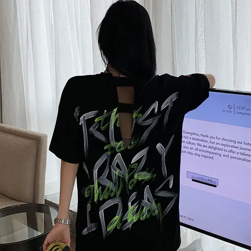 

Women 's Large Size Loose Short-Sleeved T-shirt Mid-Length Casual Printed Sexy Design Backless Top