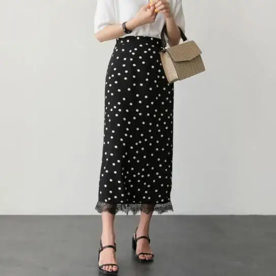 2020 Summer High Waist Women's Hot Design Slim Black Cute Sweet Girls Patchwork Lace Polka Dot Skirt Long DV994 | Женская одежда