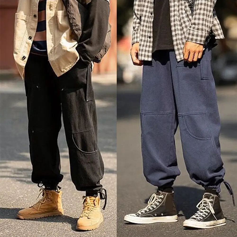 

Men Fashion Casual Pants Men Side Pockets Pants Fashion Men Soft Waist Ankle Tie Drawstring Loose Multi-Pocket Pants Trousers
