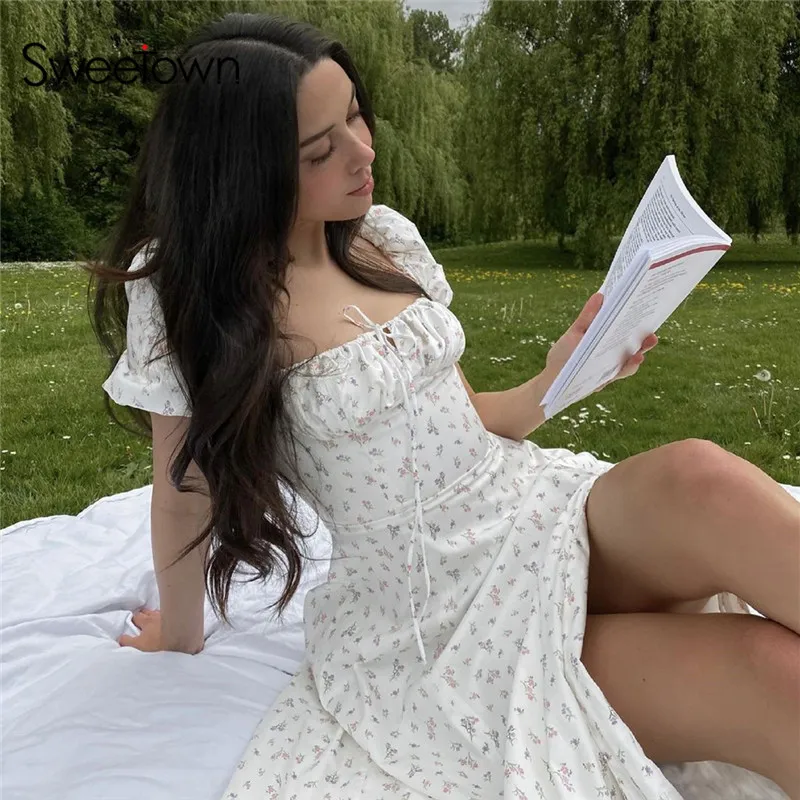 

Sweetown Puff Sleeve Vintage Floral Print Maxi Dress High Split Square Collar Elegant Sexy Midi Dresses Women Festival Clothing