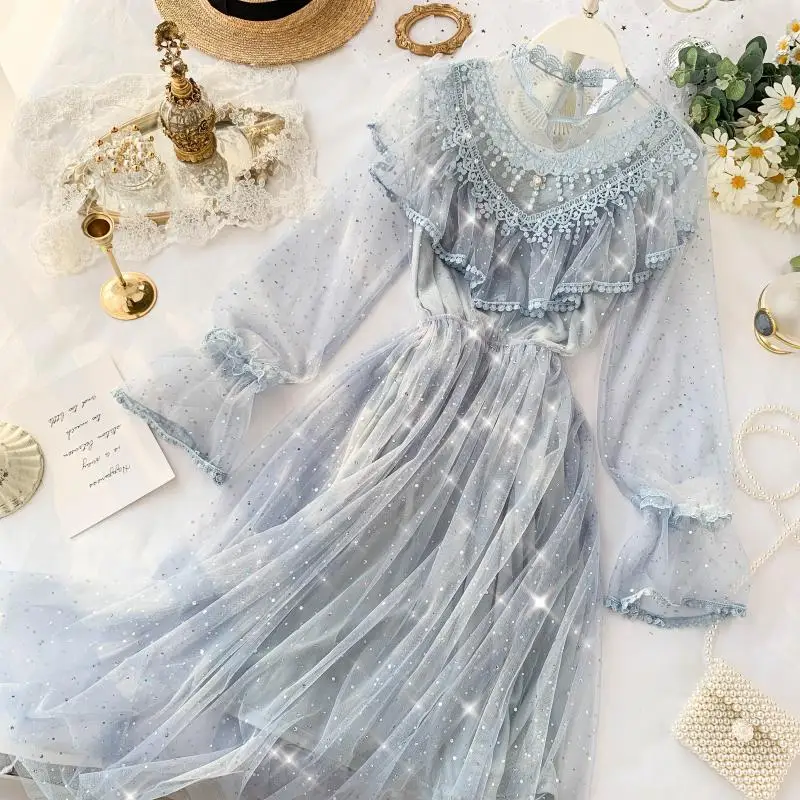 Элегантное Сетчатое платье принцессы во французском стиле Сказочное с оборками