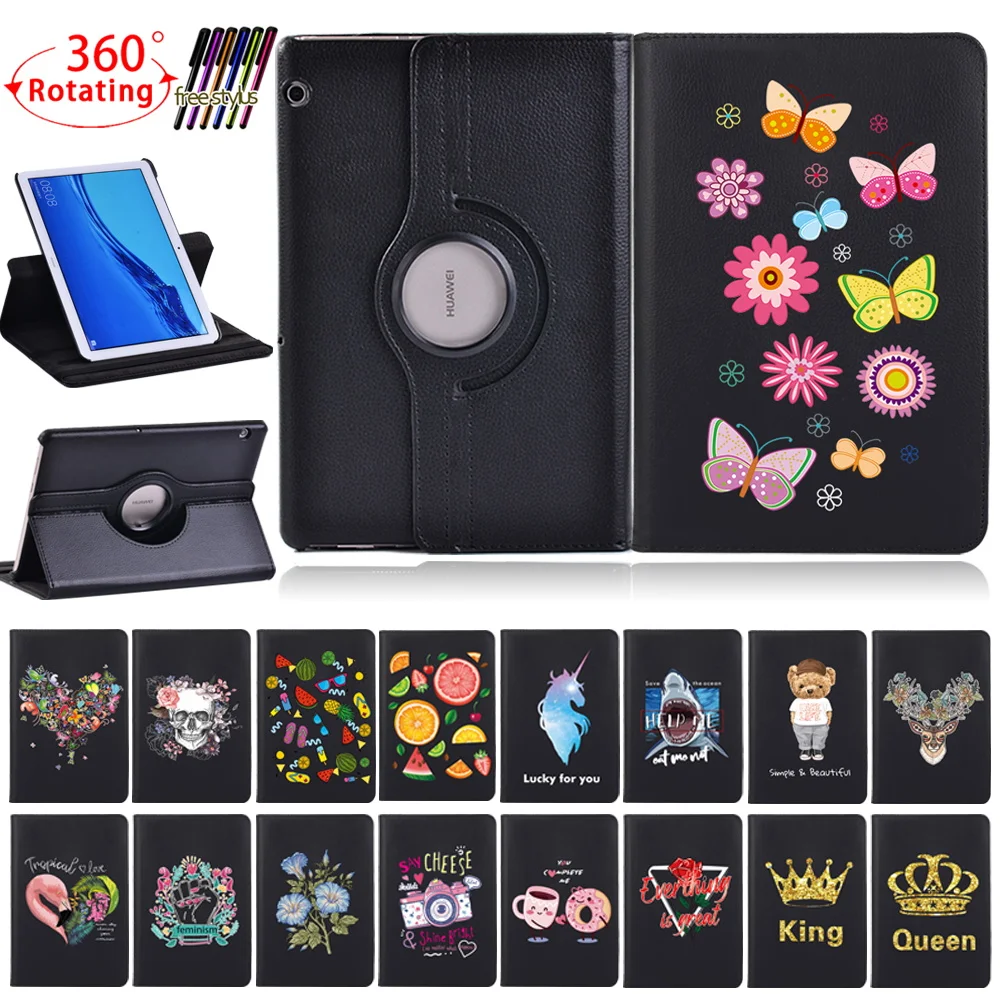 

For Huawei MediaPad T3 10 9.6"/MediaPad T5 10 10.1inch 360 Rotating pu Leather Tablet Case Stand Smart Tablet Case+ Free Stylus