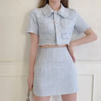 high quality female elegant skirt suit 2021 new fashion tweed two piece set women crop top mini skirt set two piece outfits