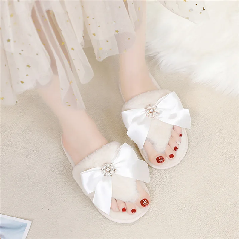 Зимние женские тапочки с бантиком нескользящая домашняя теплая хлопковая обувь