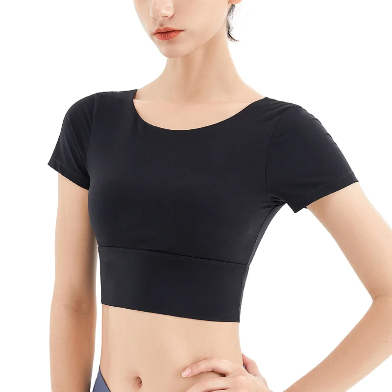 Short Sleeve Yoga Shirts Women With Chest Pad Breathable Gym Tops Fitness Running Workout Back Top Yoga Clothes Sport Wear Mujer