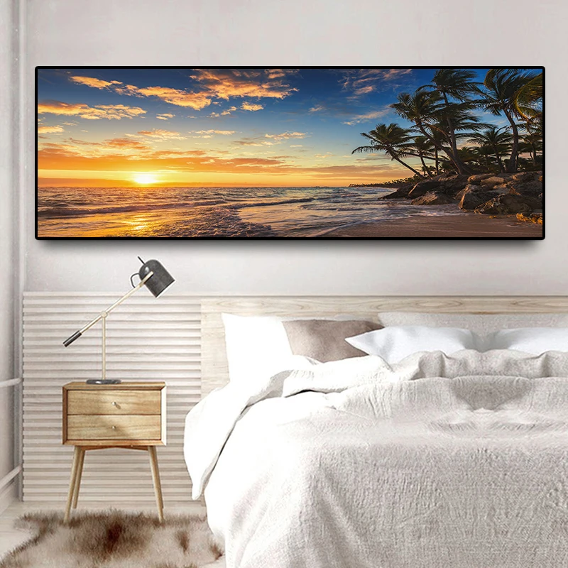 

Sunsets Natural Sea Beach Coconut Palm Panorama Landscape Canvas Painting Posters Prints Cuadros Wall Art Picture for Home Decor