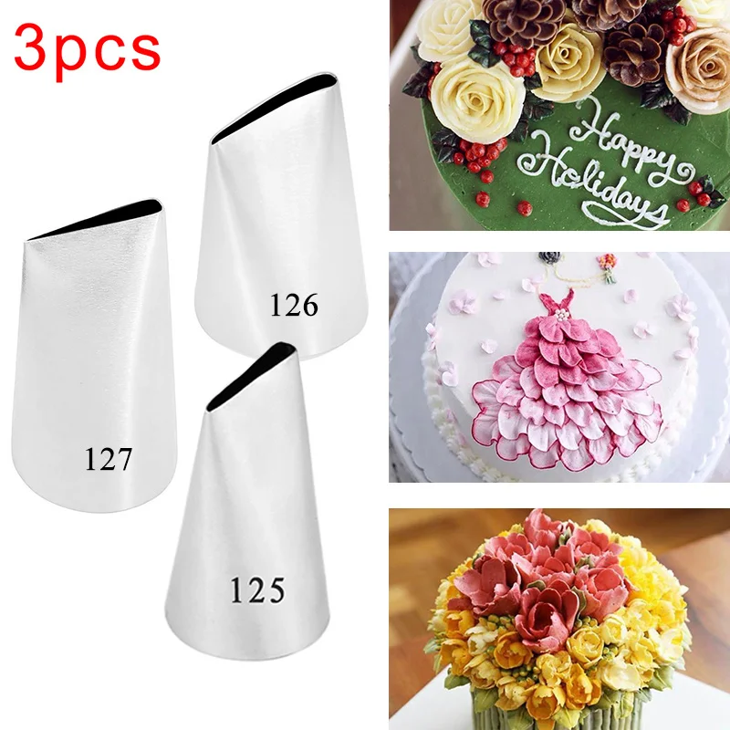 3 Pcs/Set Rose Pastry Nozzles Stainless Steel Nozzle Set DIY Icing Piping Tips Sets Cupcake Cake Decorating Tools #126#127#128