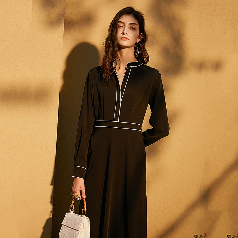 

[EAM] Women Black Vent Long Temperament Dress New Stand Collar Long Sleeve Loose Fit Fashion Tide Spring Autumn 2021 1DB612